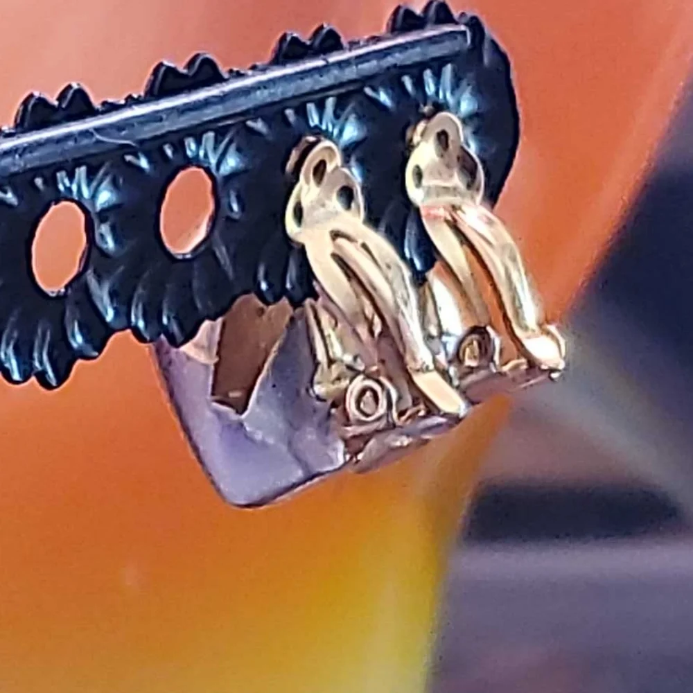 STEEL GRAY & BRASS GOLD Clip-On Earrings Two Tone Metallic_3